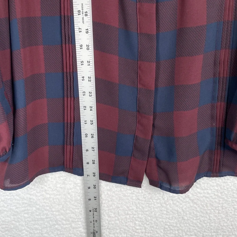 Ann Taylor Factory Burgundy Navy Buffalo Plaid Ruffle Pintuck Blouse XL Womens